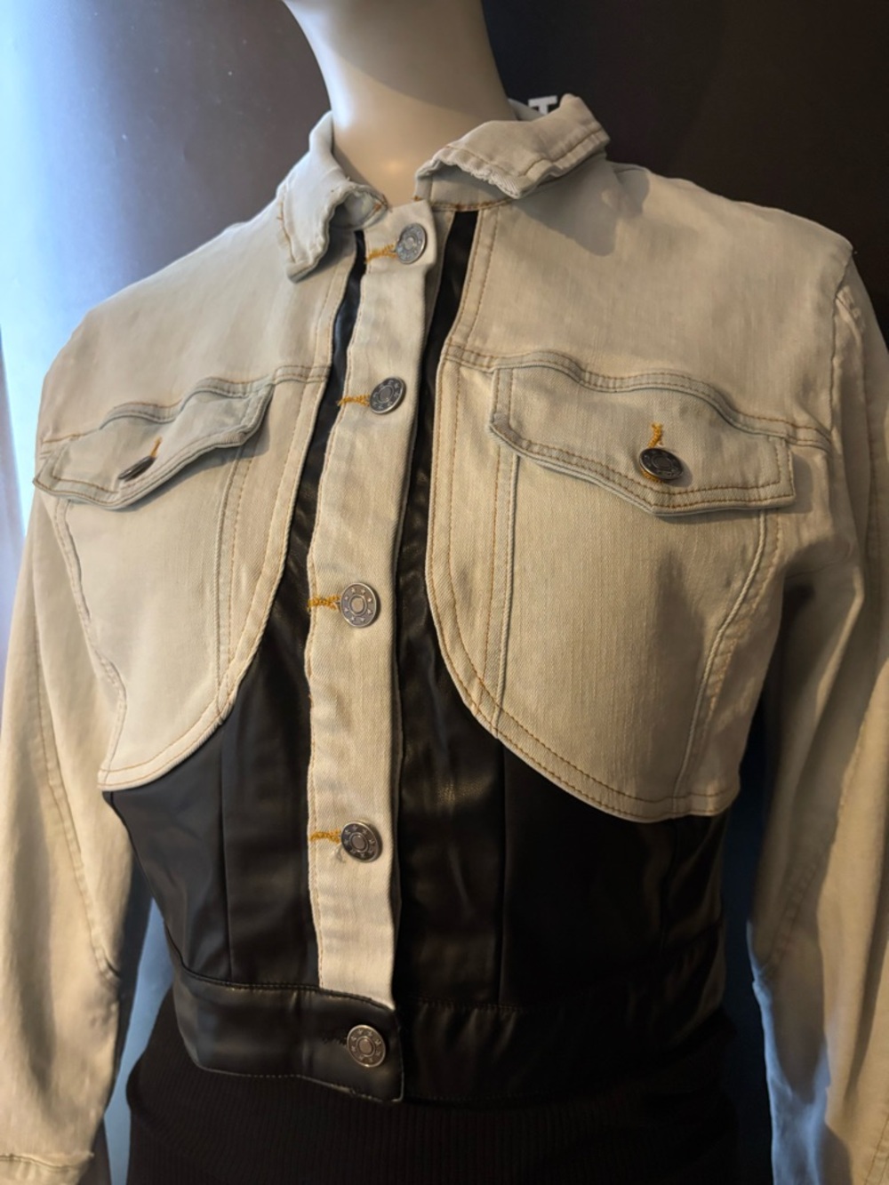 NWOT Fashion Nova Two-Tone Cropped Jean & Faux Leather Jacket Light Beige/Black